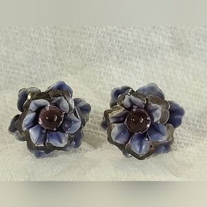 Sterling Silver Enamel Rose Earrings in Purple and Blue, Screw Back, Vintage